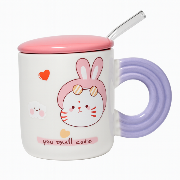 ماگ دسته رنگی طرح خرگوش به همراه نی